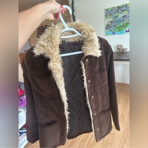 Fur trimmed brown coat